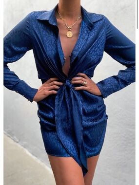 Colbalt blue shirt Dress with tie at waste.